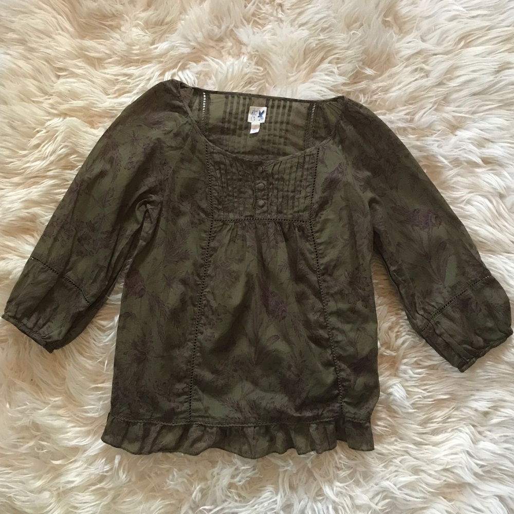 Edme & Esyllte Green Boho Top with Flowers & Birds